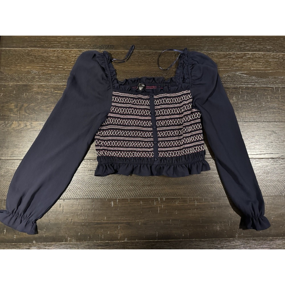 Aqua navy blue long-sleeve smocked crop top L NWT